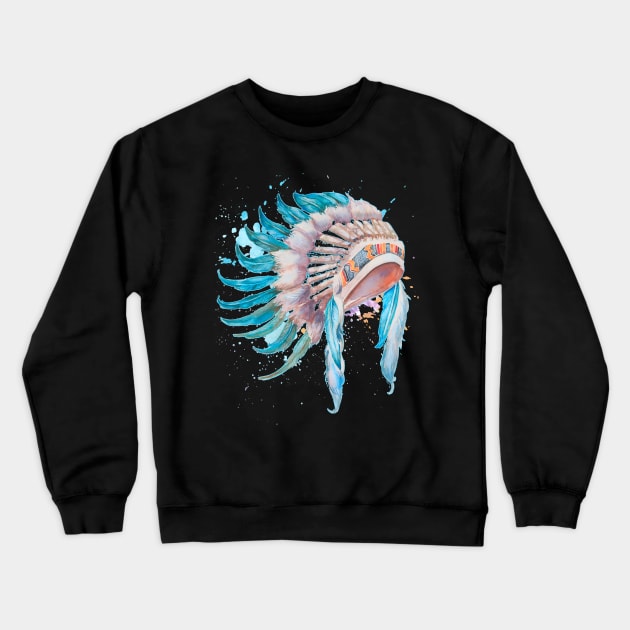 Native American Indian Chief Headdress Watercolor Art Crewneck Sweatshirt by Irene Koh Studio